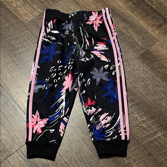 Adidas Kids Black Floral Joggers with Pink Stripes - Picture 1 of 2